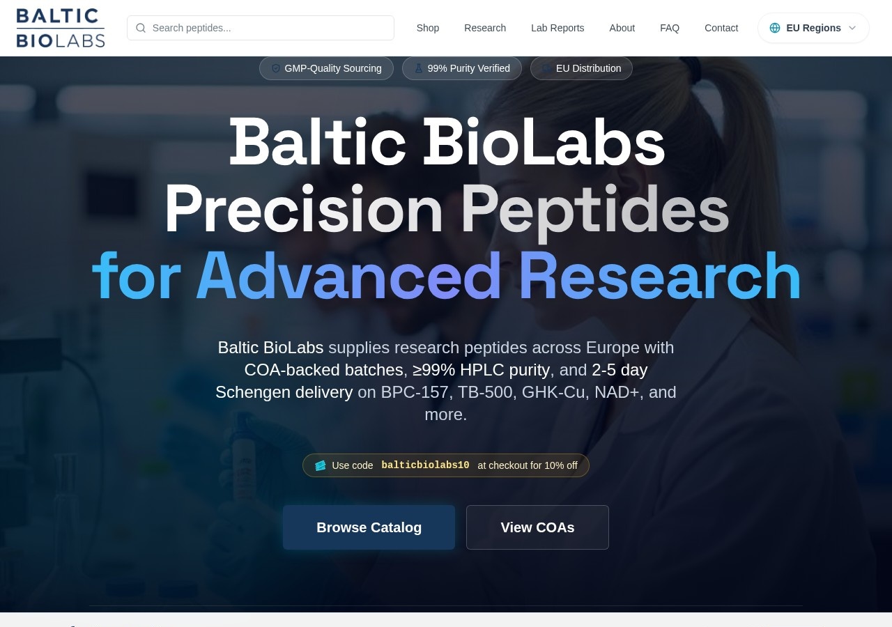 Homepage screenshot of the Baltic BioLabs research-peptide website.