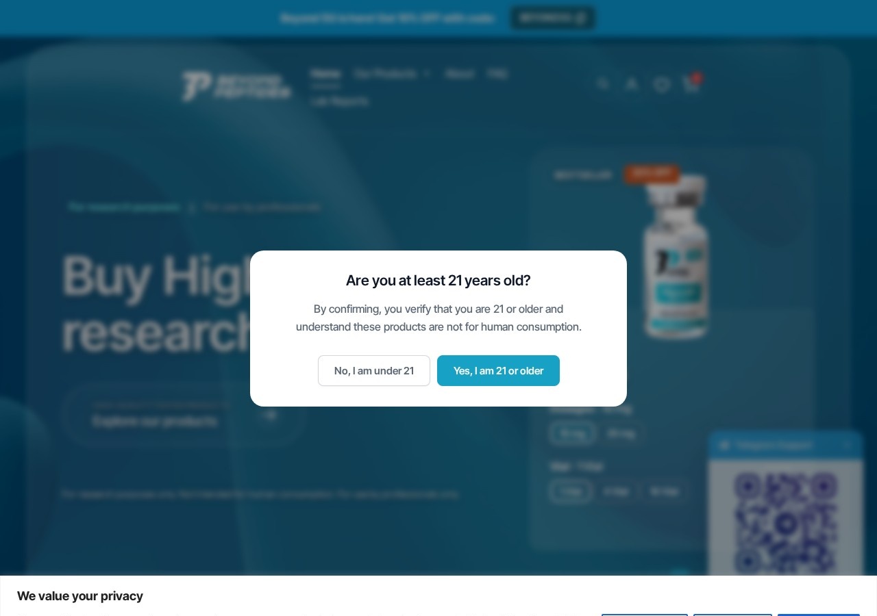 Homepage screenshot of the Beyond Peptides research-peptide website.