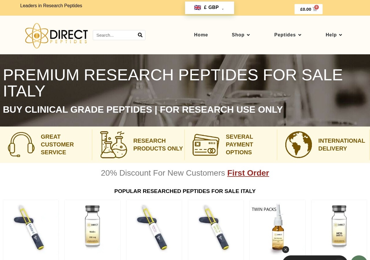 Homepage screenshot of the Direct Peptides research-peptide website.