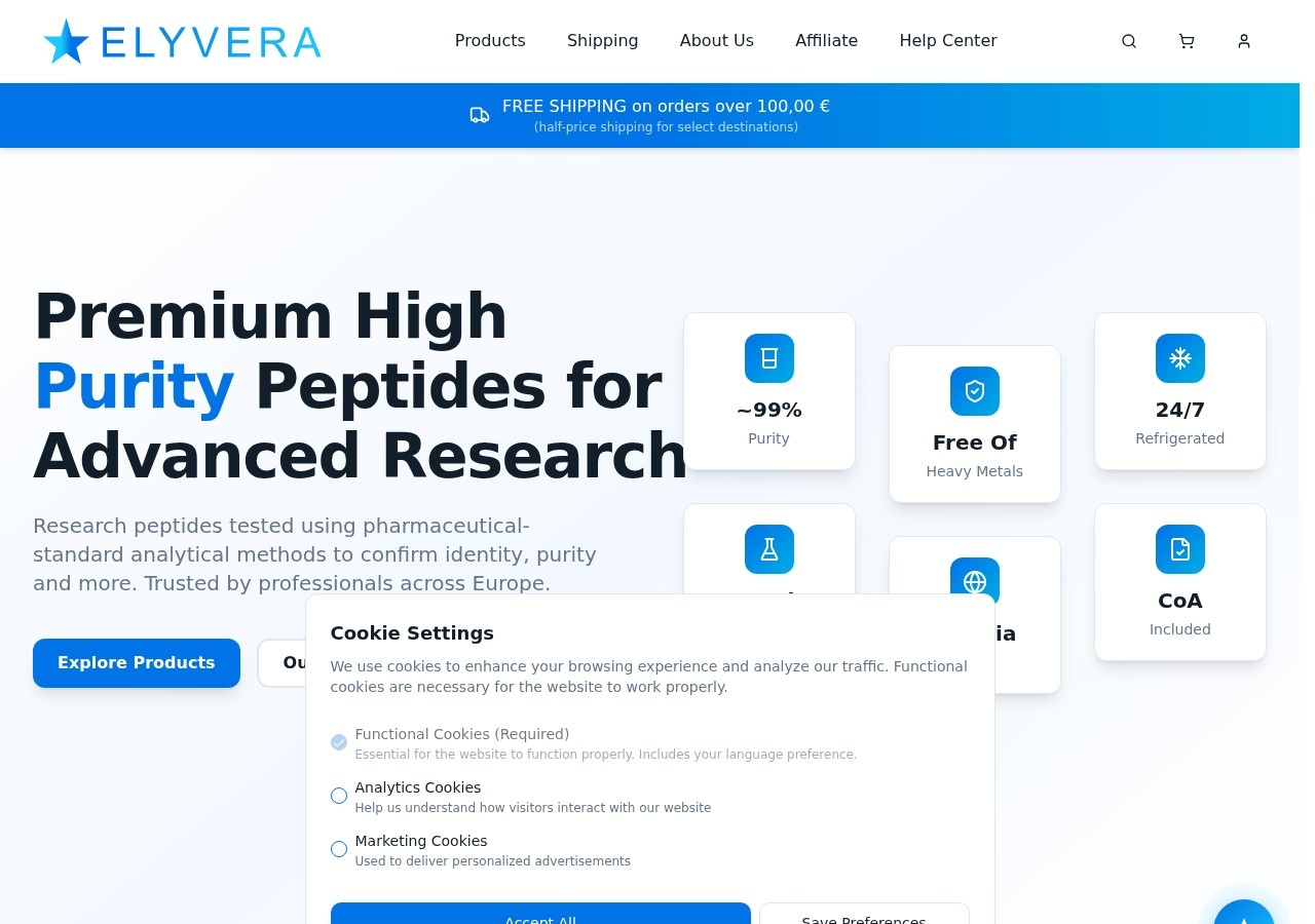 Homepage screenshot of the ELYVERA research-peptide website.