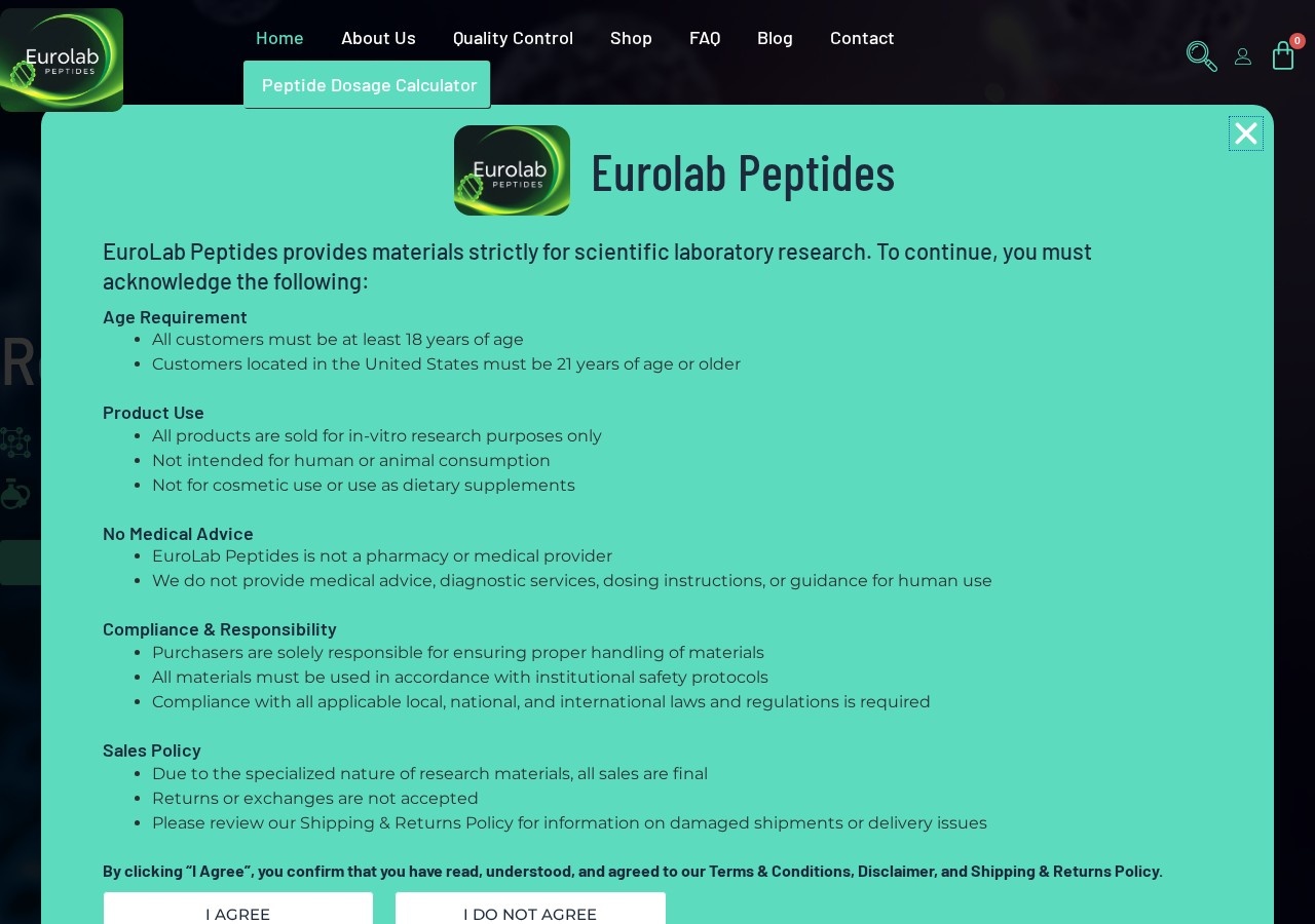 Homepage screenshot of the EuroLab Peptides research-peptide website.