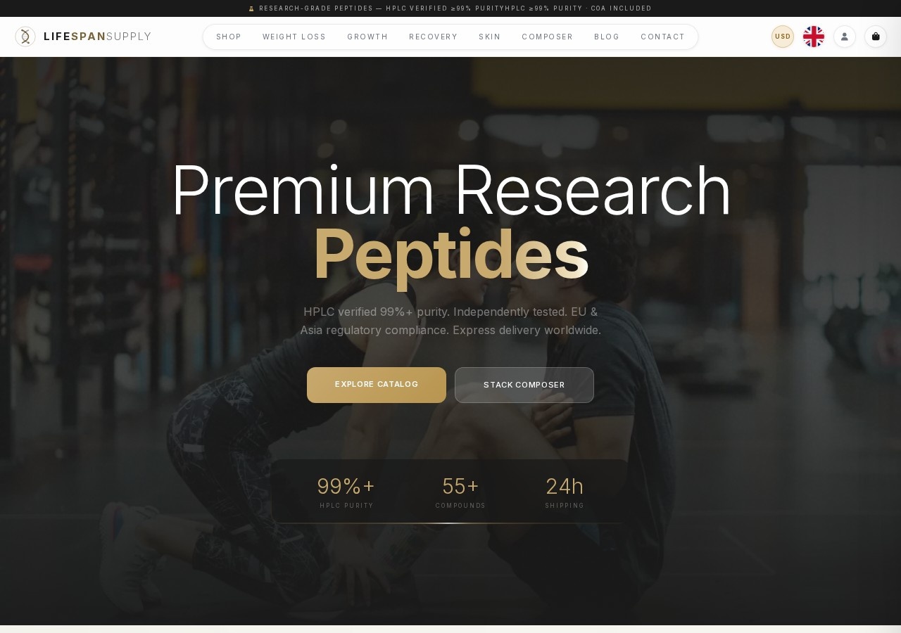 Homepage screenshot of the LifeSpanSupply research-peptide website.