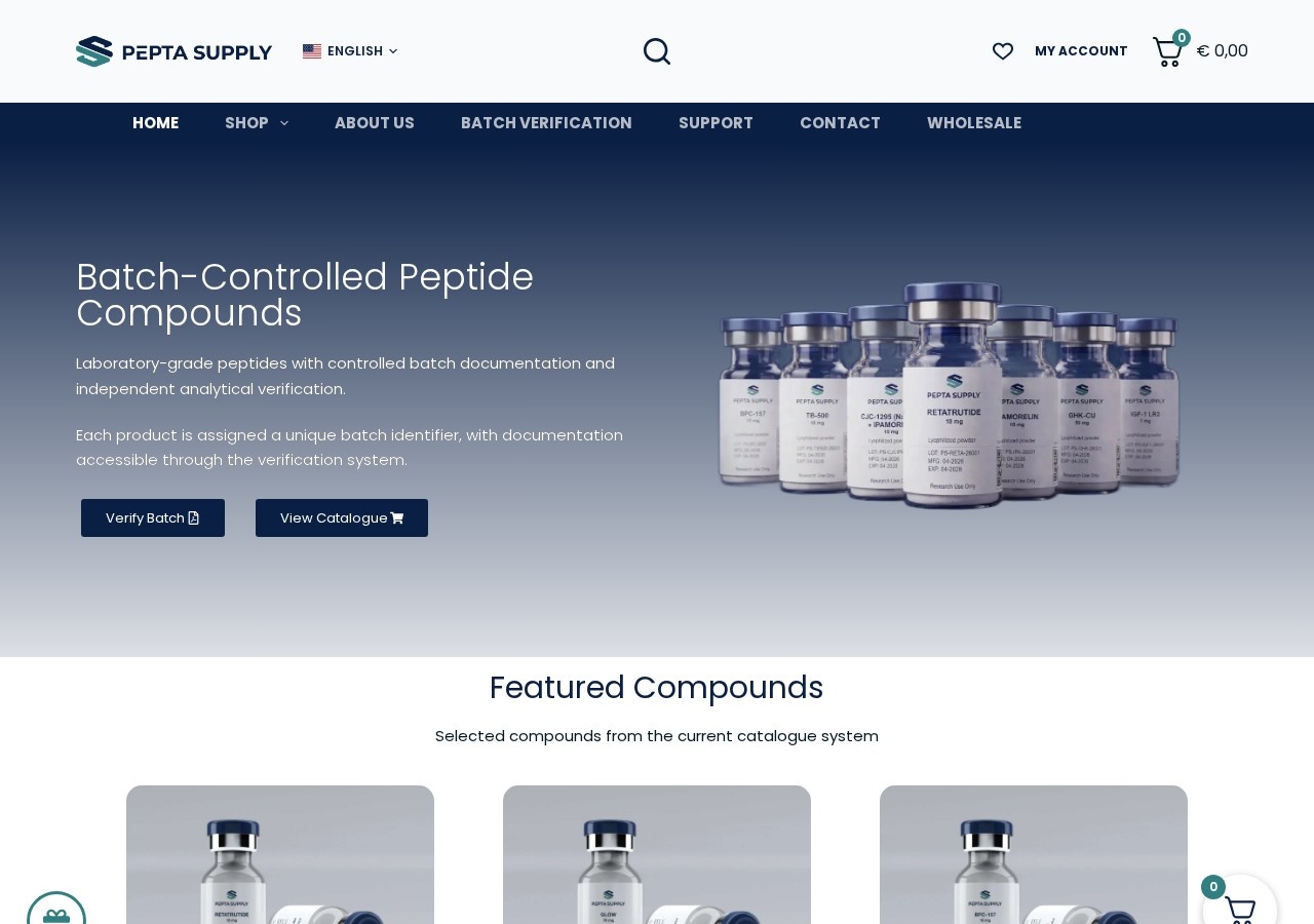 Homepage screenshot of the Pepta Supply research-peptide website.