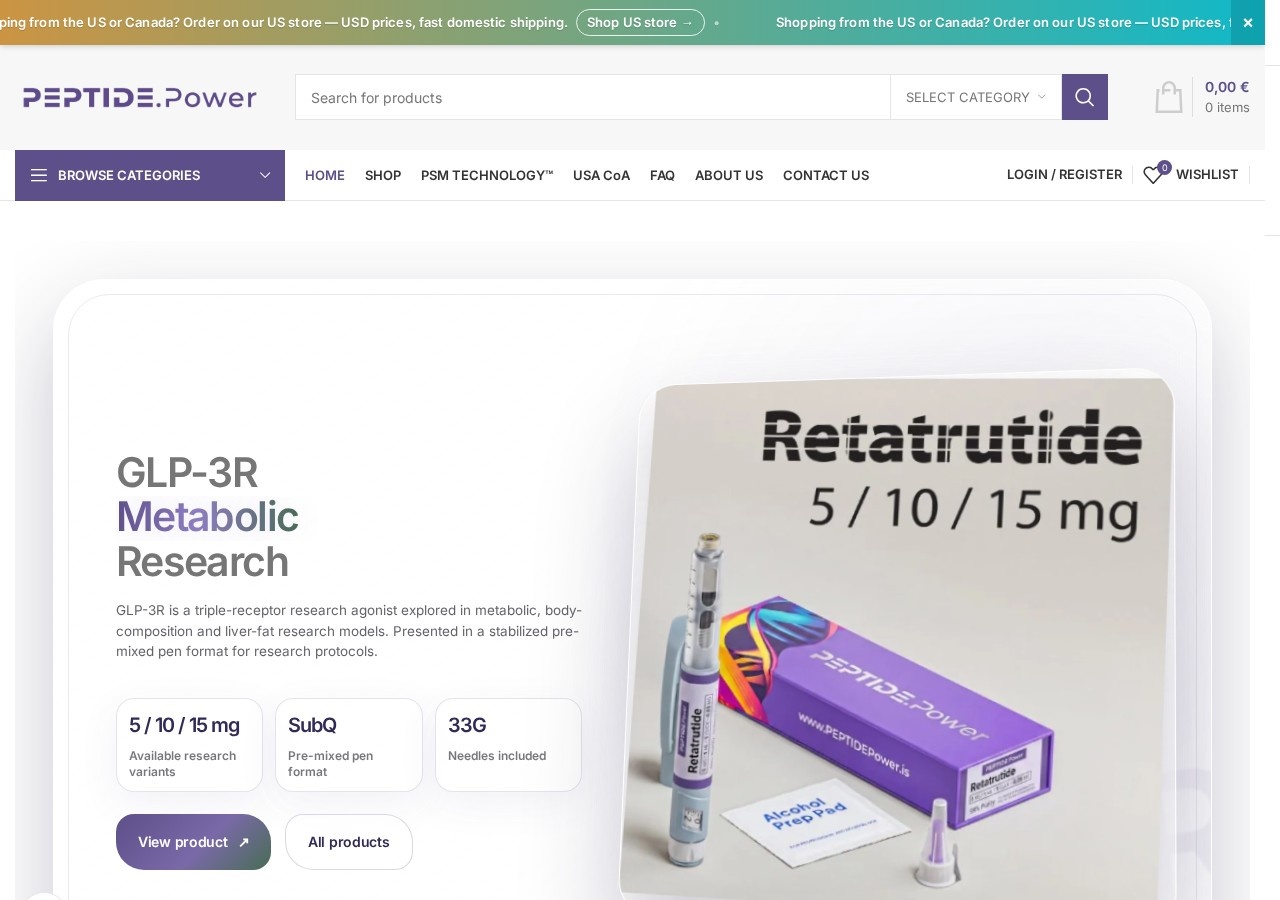 Homepage screenshot of the PEPTIDE.Power research-peptide website.