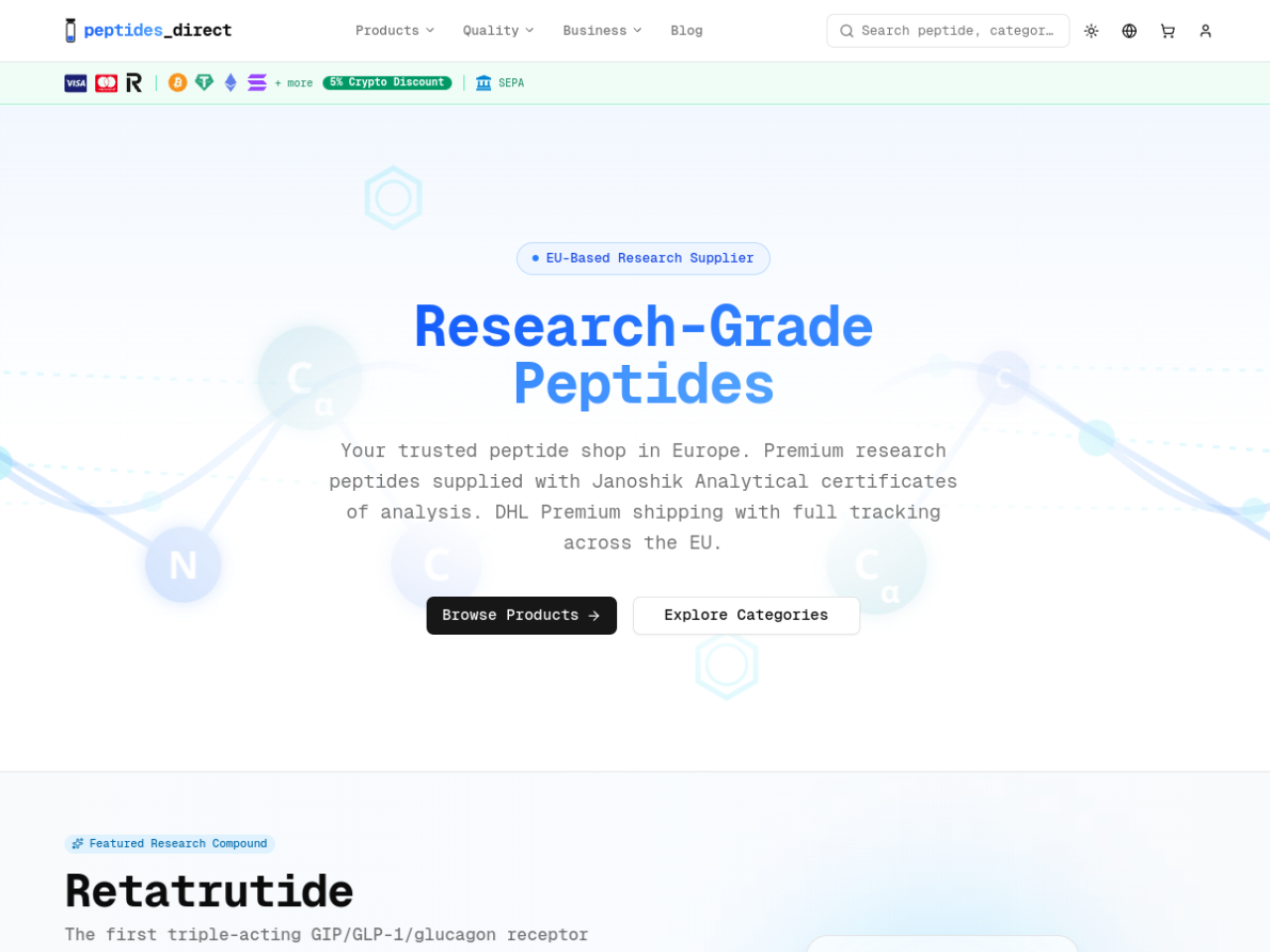 Homepage screenshot of the Peptides Direct research-peptide website.