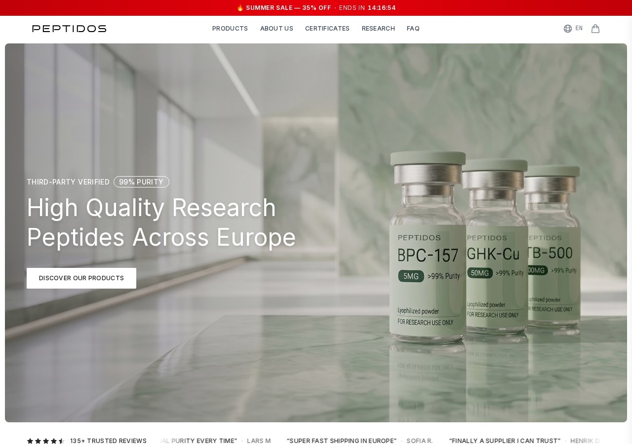 Homepage screenshot of the Peptidos.eu research-peptide website.