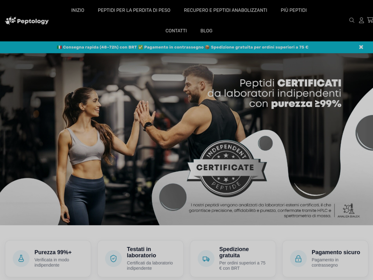 Homepage screenshot of the Peptology research-peptide website.