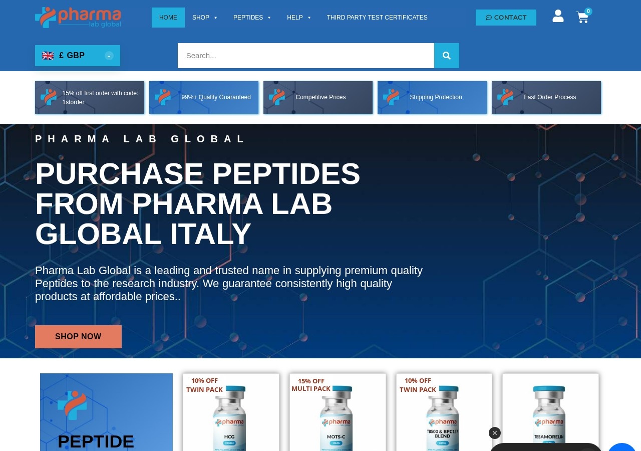 Homepage screenshot of the Pharma Lab Global research-peptide website.