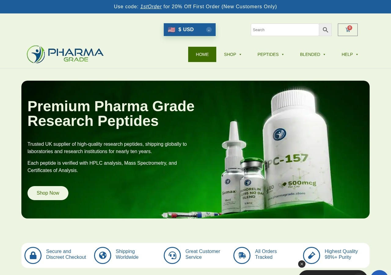 Homepage screenshot of the PharmaGrade Store research-peptide website.