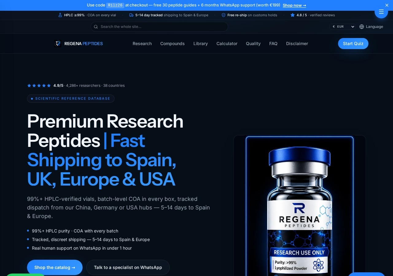 Homepage screenshot of the Regena Peptides research-peptide website.