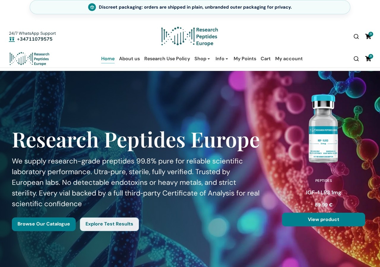 Homepage screenshot of the Research Peptides Europe research-peptide website.