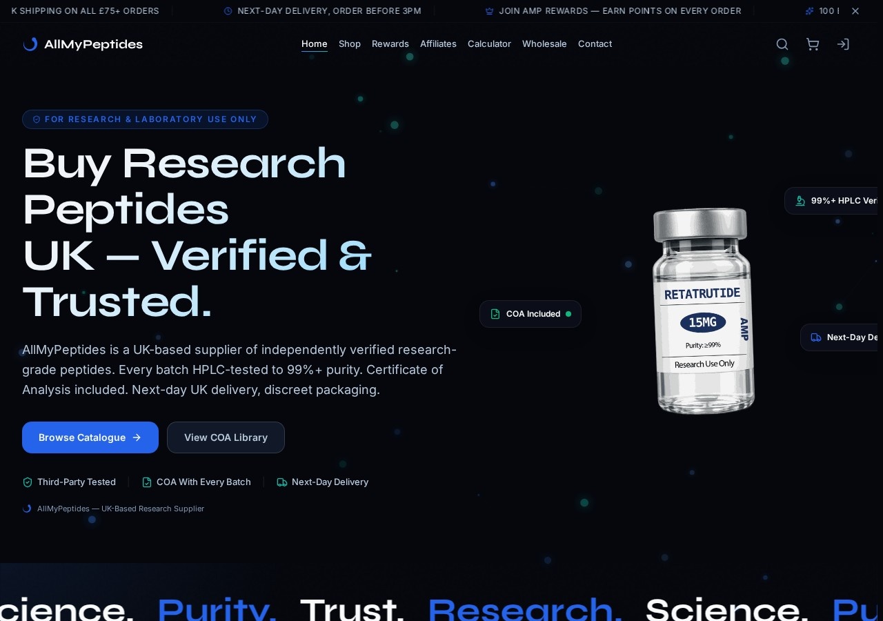 Homepage screenshot of the All My Peptides research-peptide website.