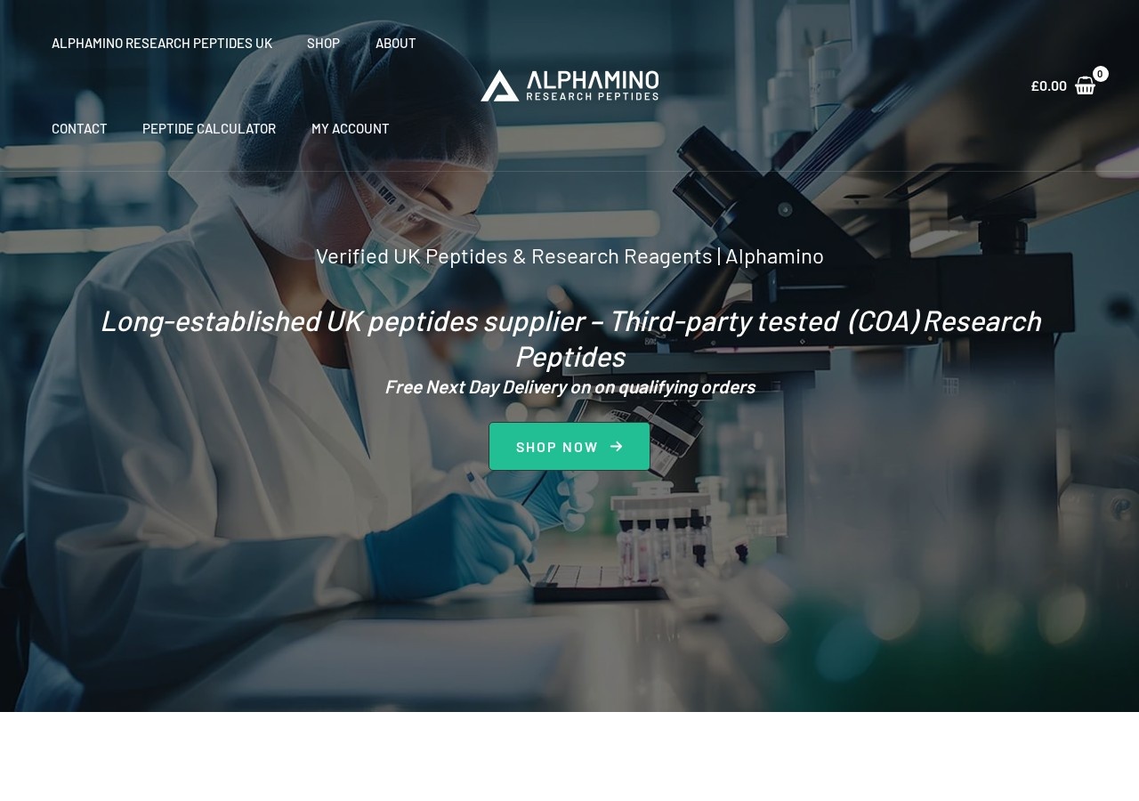 Homepage screenshot of the Alphamino research-peptide website.