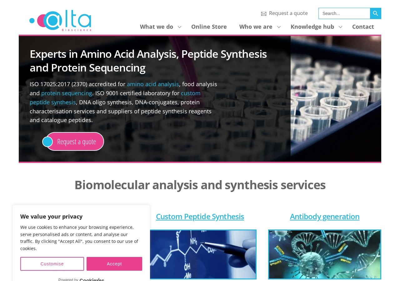 Homepage screenshot of the AltaBioscience research-peptide website.