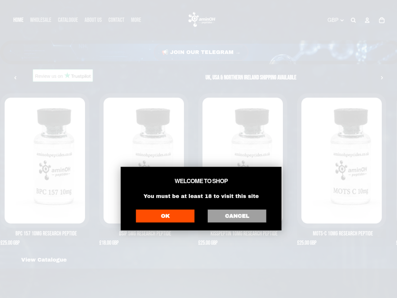 Homepage screenshot of the Amino H Peptides research-peptide website.