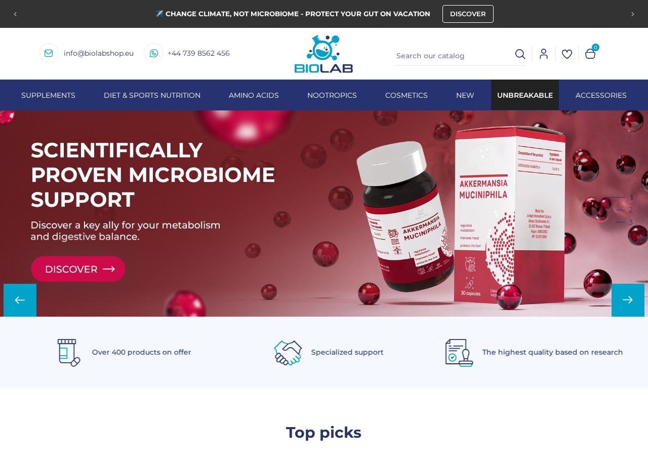 Homepage screenshot of the BioLab Shop research-peptide website.