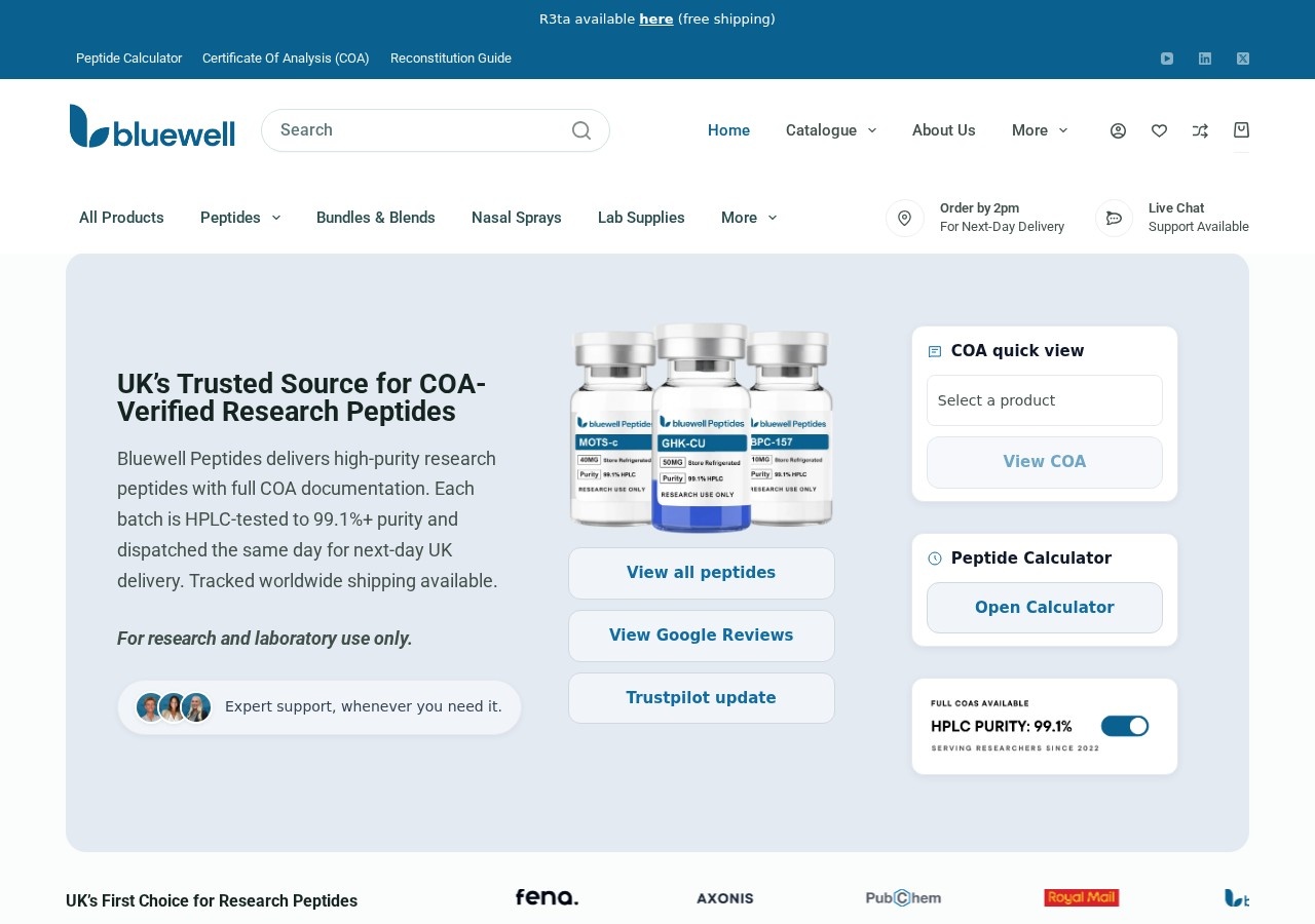 Homepage screenshot of the Bluewell Peptides research-peptide website.