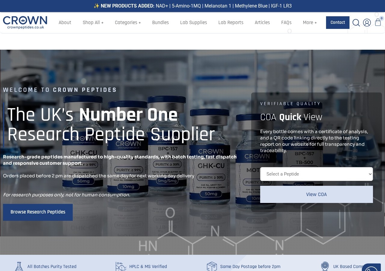 Homepage screenshot of the Crown Peptides research-peptide website.