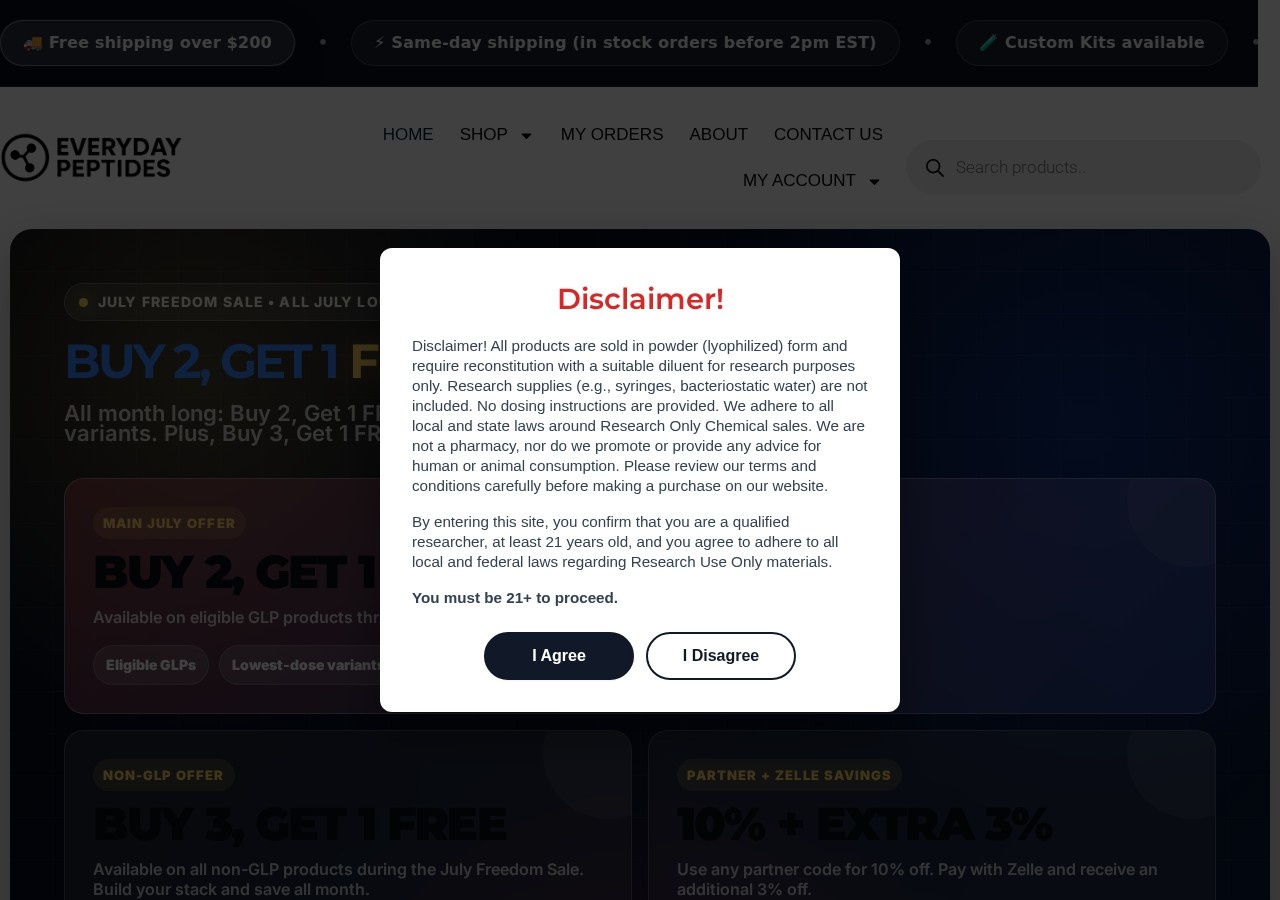 Homepage screenshot of the Everyday Peptides research-peptide website.