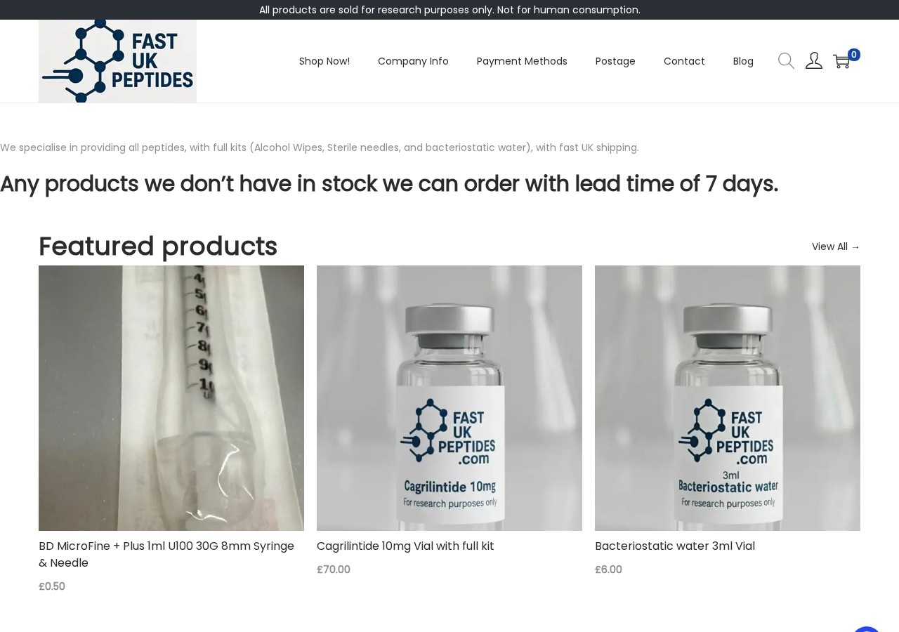 Homepage screenshot of the Fast UK Peptides research-peptide website.