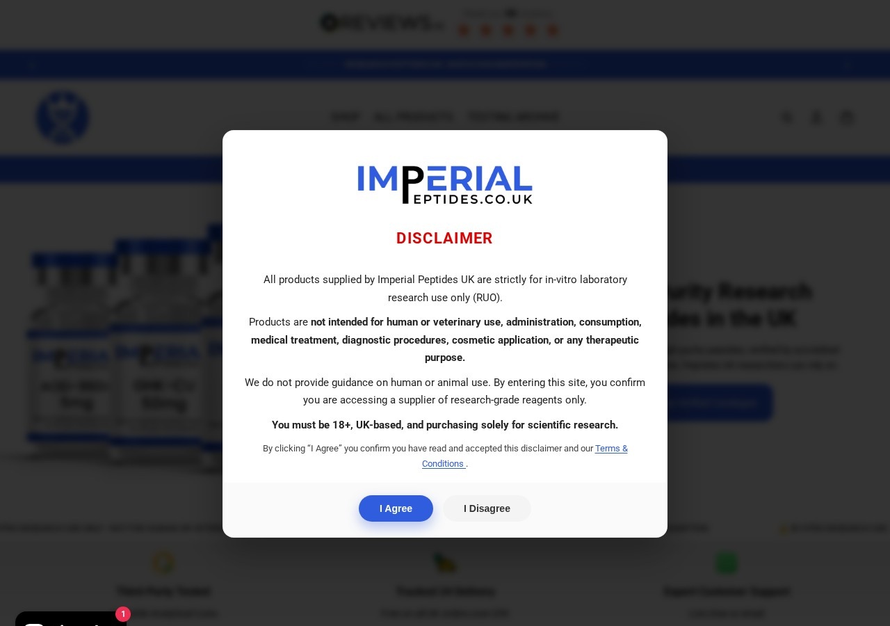 Homepage screenshot of the Imperial Peptides UK research-peptide website.