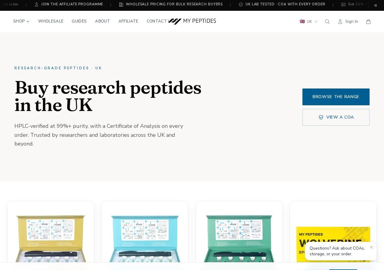Homepage screenshot of the My Peptides research-peptide website.