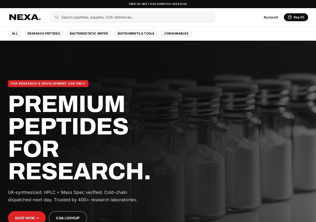 Homepage screenshot of the Nexa Peptides research-peptide website.