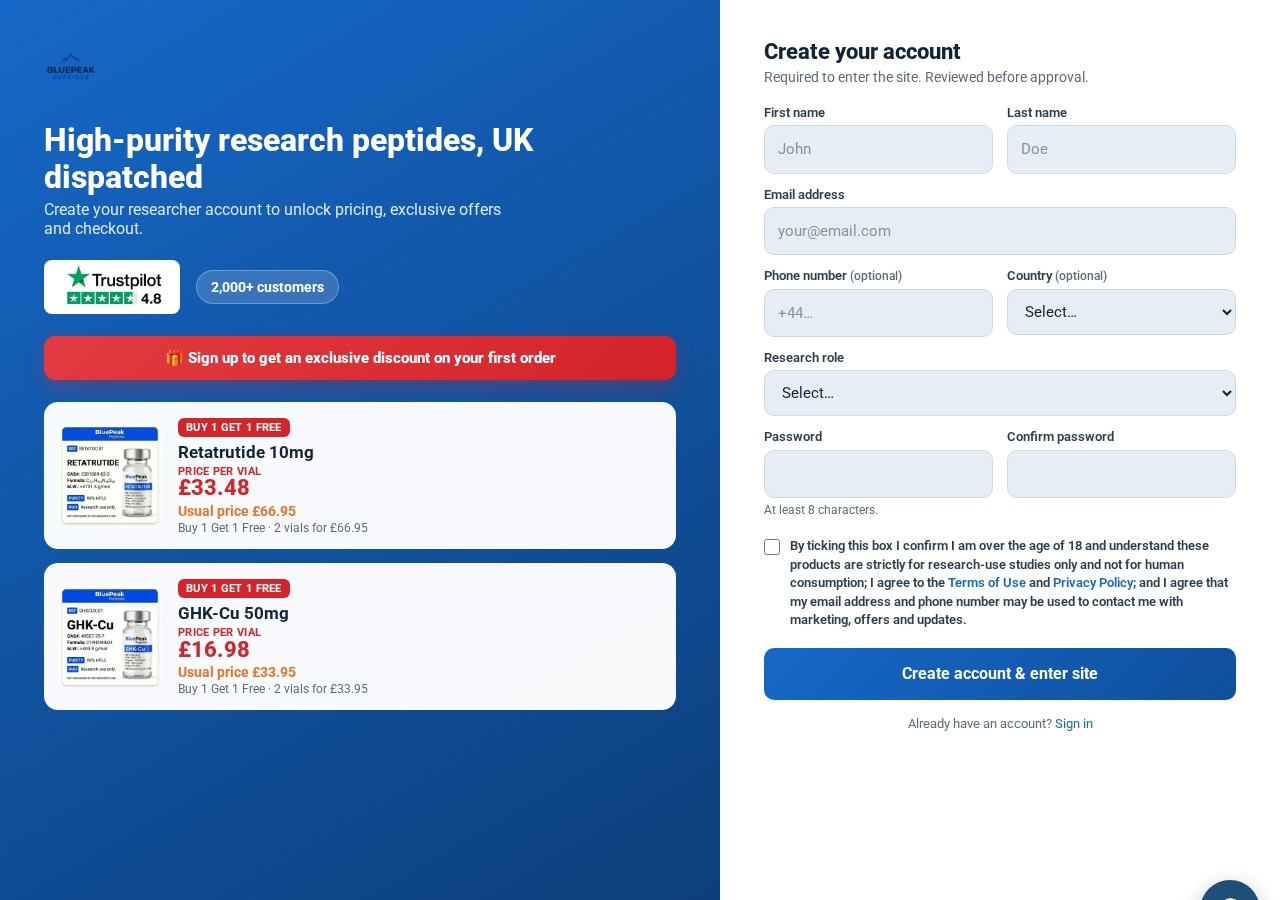 Homepage screenshot of the Peptides Research UK research-peptide website.