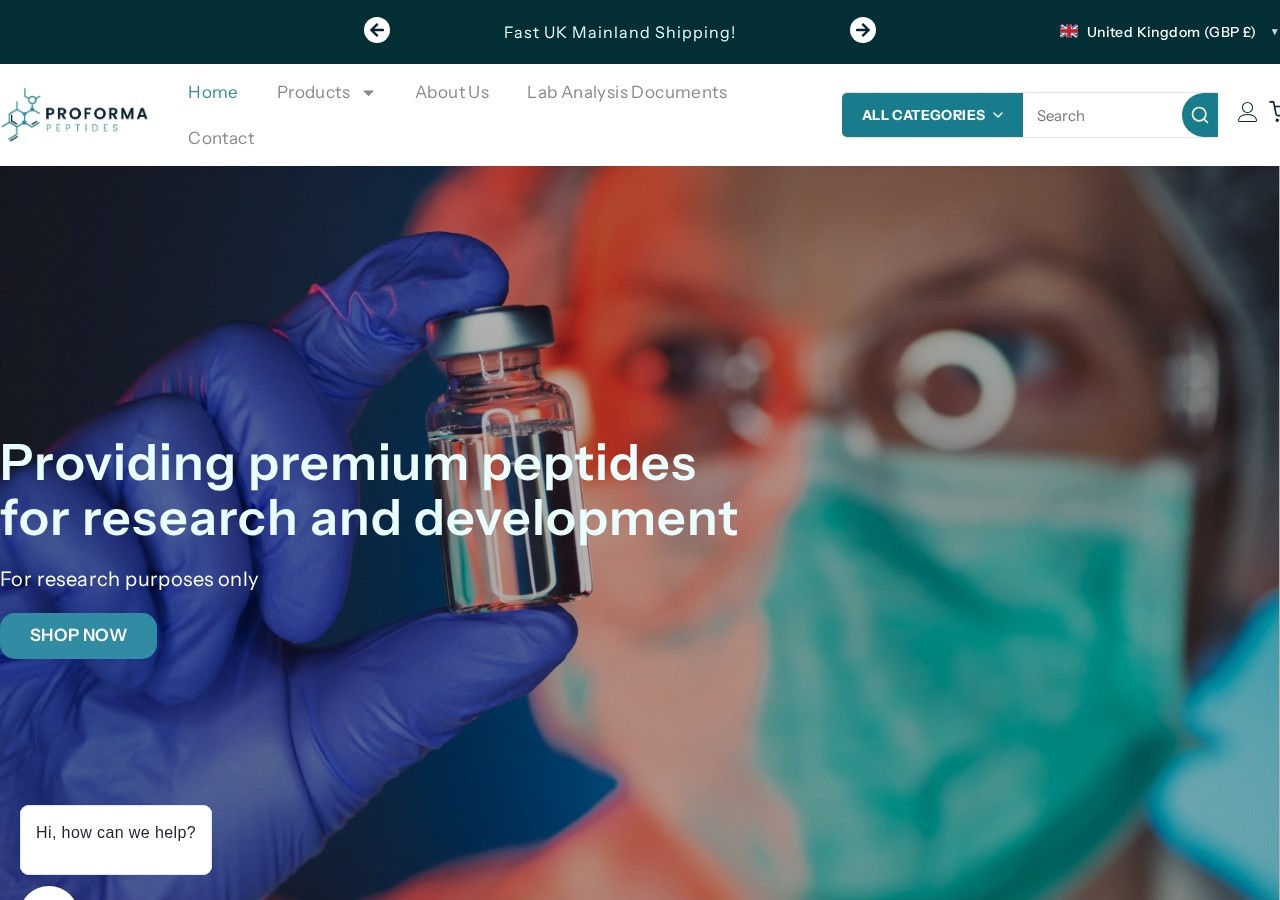 Homepage screenshot of the ProForma Peptides research-peptide website.