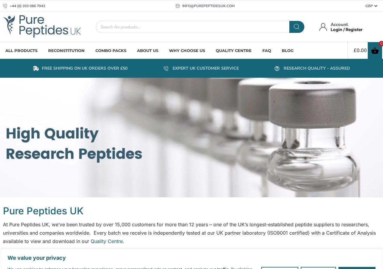 Homepage screenshot of the Pure Peptides UK research-peptide website.