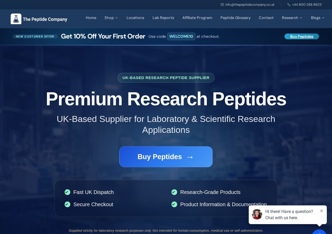Homepage screenshot of the The Peptide Company research-peptide website.