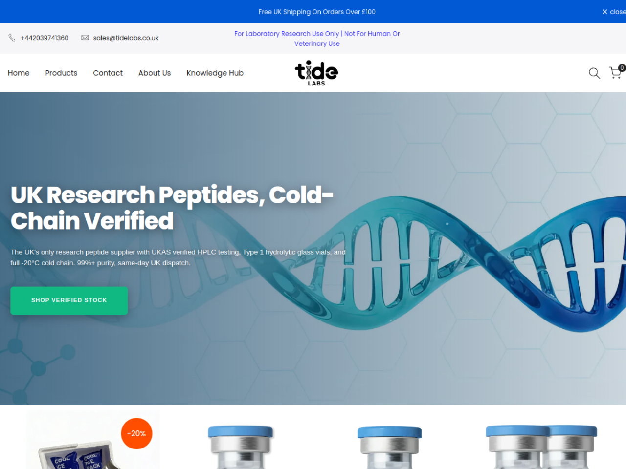 Homepage screenshot of the Tide Labs research-peptide website.