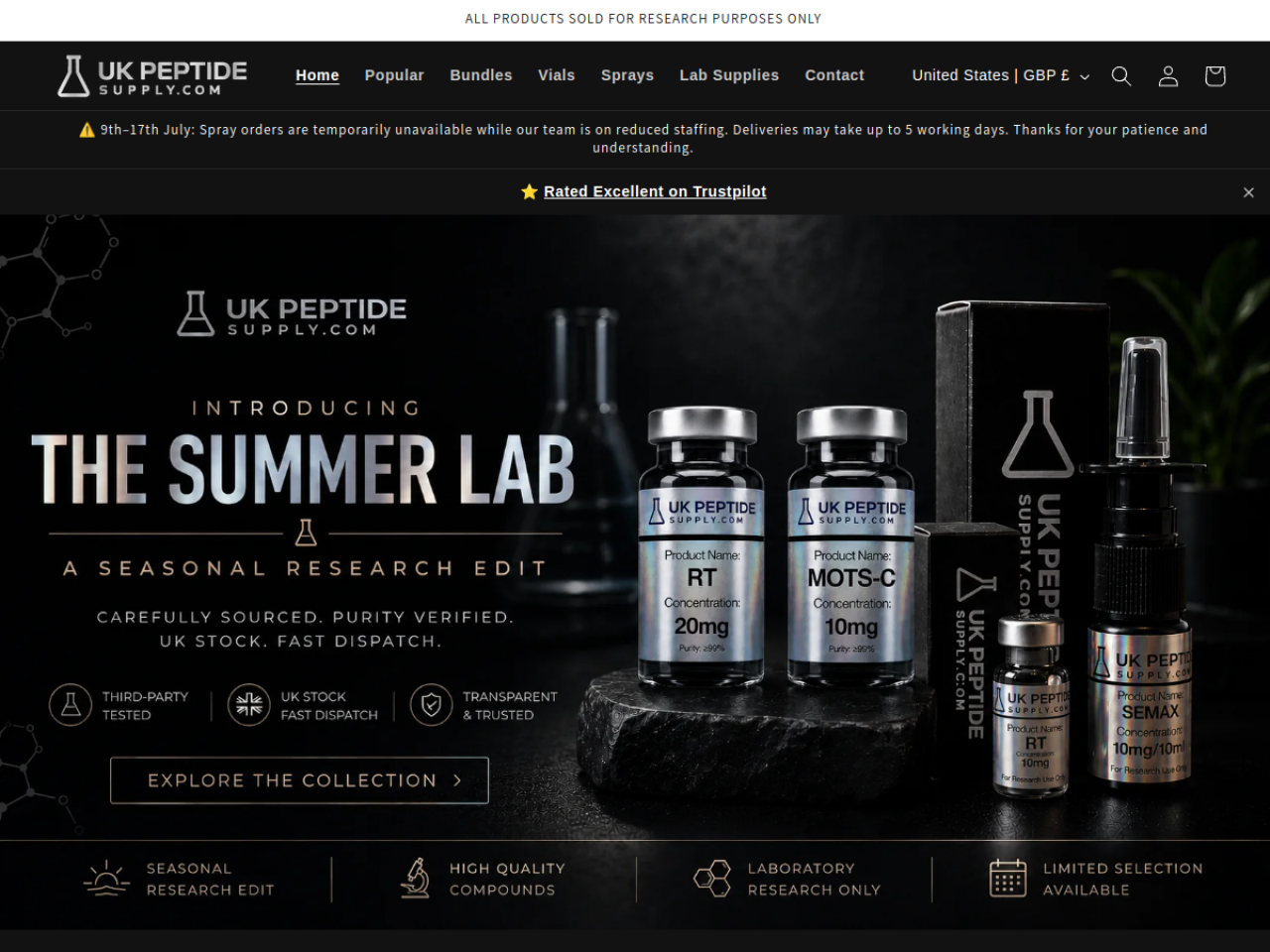 Homepage screenshot of the UK Peptide Supply research-peptide website.