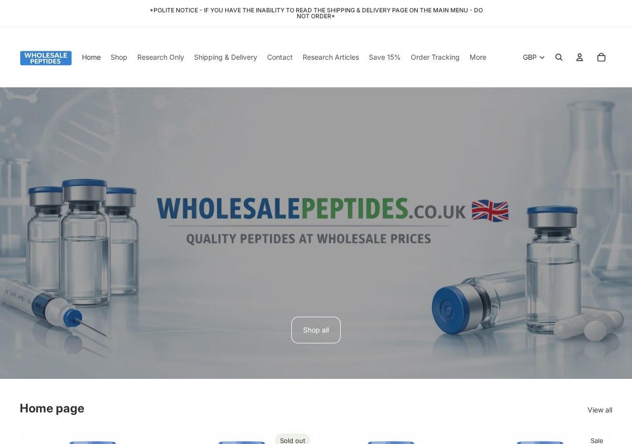 Homepage screenshot of the Wholesale Peptides research-peptide website.