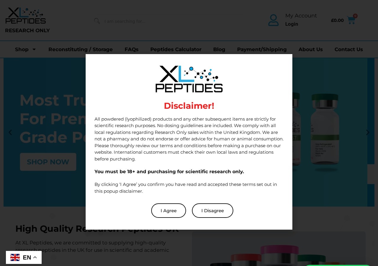 Homepage screenshot of the XL Peptides research-peptide website.