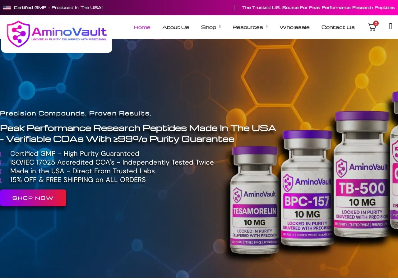 Homepage screenshot of the AminoVault research-peptide website.