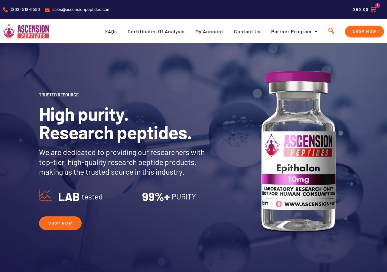 Homepage screenshot of the Ascension Peptides research-peptide website.