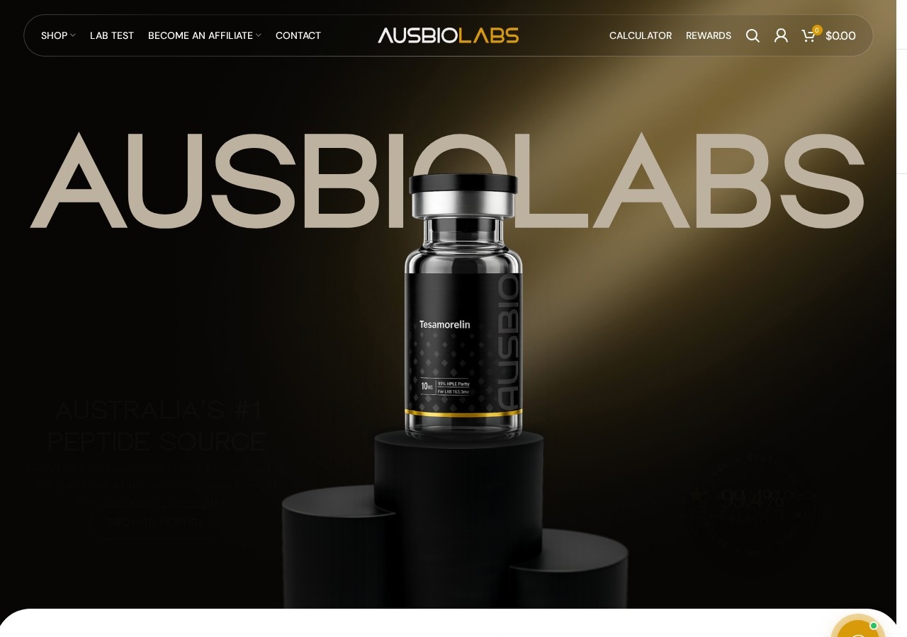 Homepage screenshot of the AusBioLabs research-peptide website.