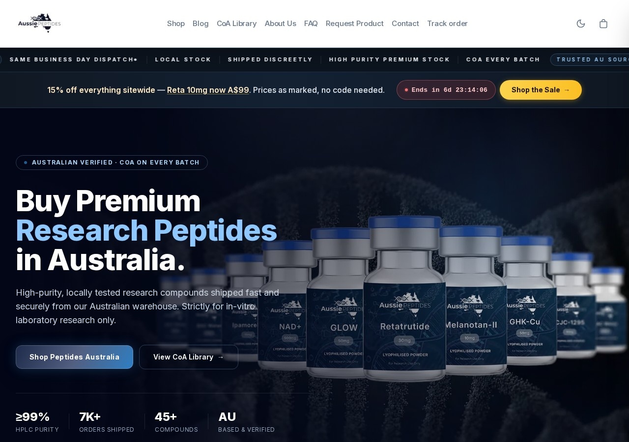 Homepage screenshot of the Aussie Peptides research-peptide website.