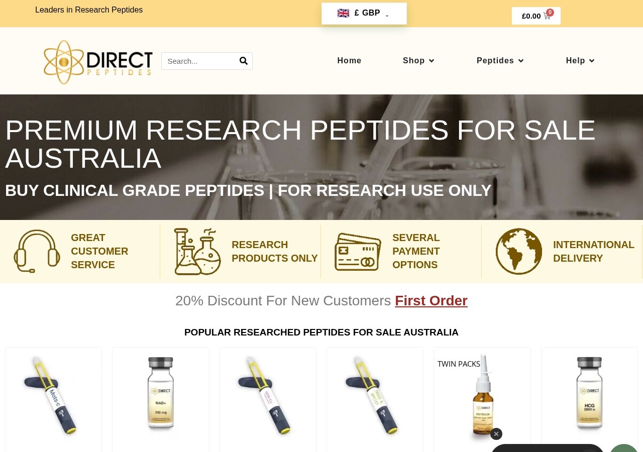 Homepage screenshot of the Direct Peptides Australia research-peptide website.