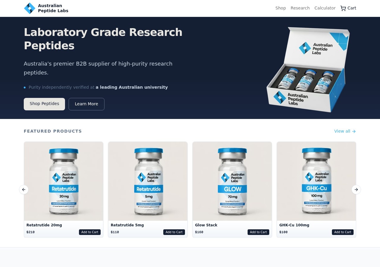Homepage screenshot of the Australian Peptide Labs research-peptide website.