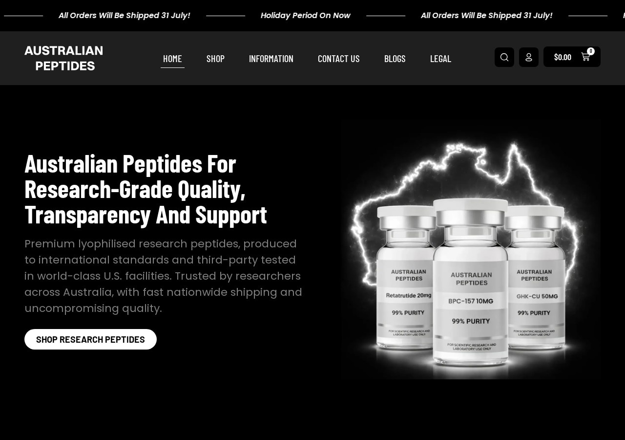 Homepage screenshot of the Australian Peptides research-peptide website.