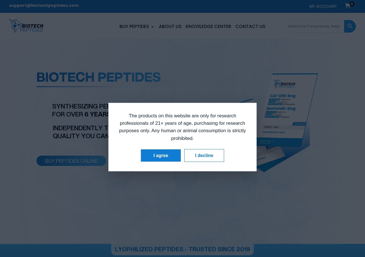 Homepage screenshot of the Biotech Peptides research-peptide website.