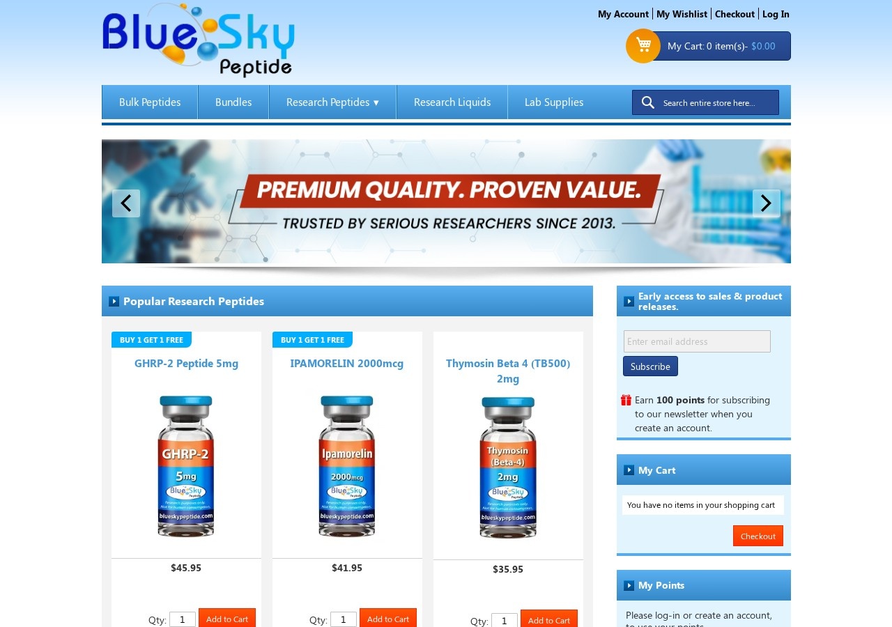 Homepage screenshot of the Blue Sky Peptide research-peptide website.