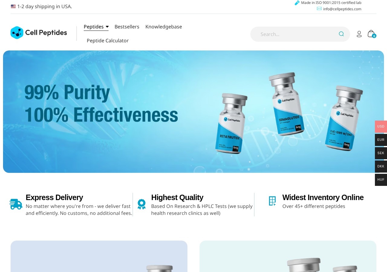 Homepage screenshot of the CellPeptides research-peptide website.