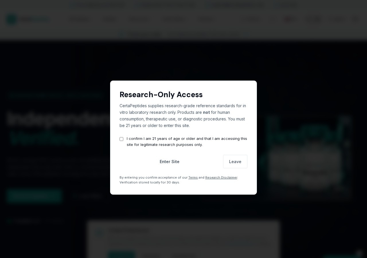 Homepage screenshot of the CertaPeptides research-peptide website.
