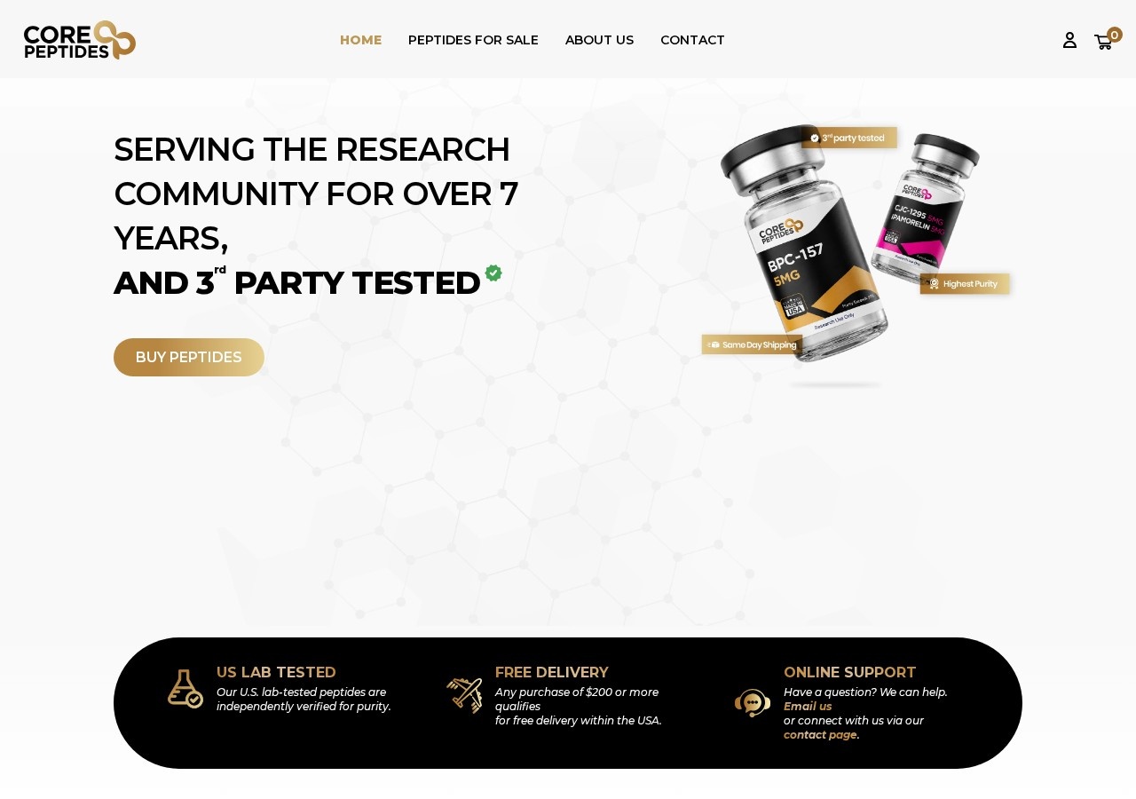 Homepage screenshot of the Core Peptides research-peptide website.