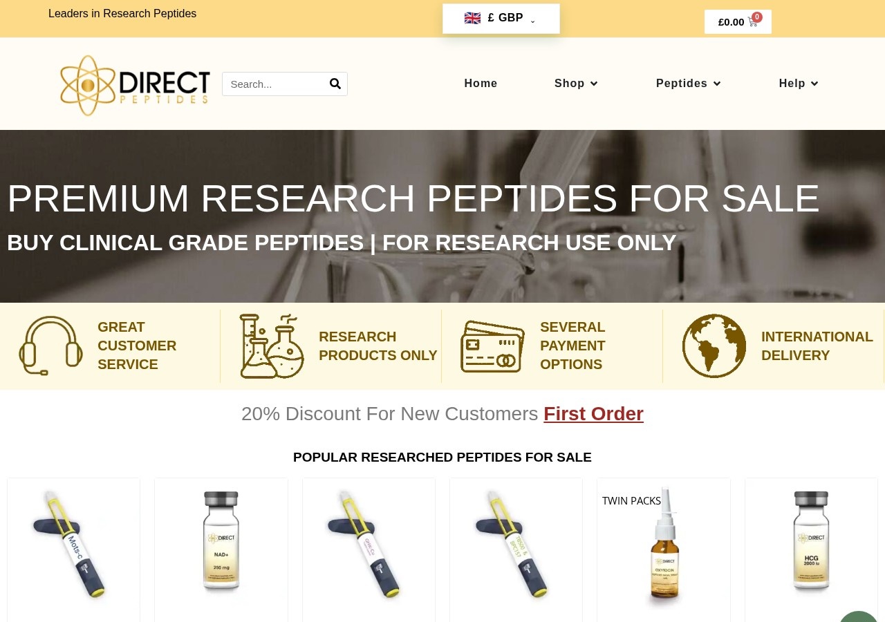 Homepage screenshot of the Direct Peptides research-peptide website.
