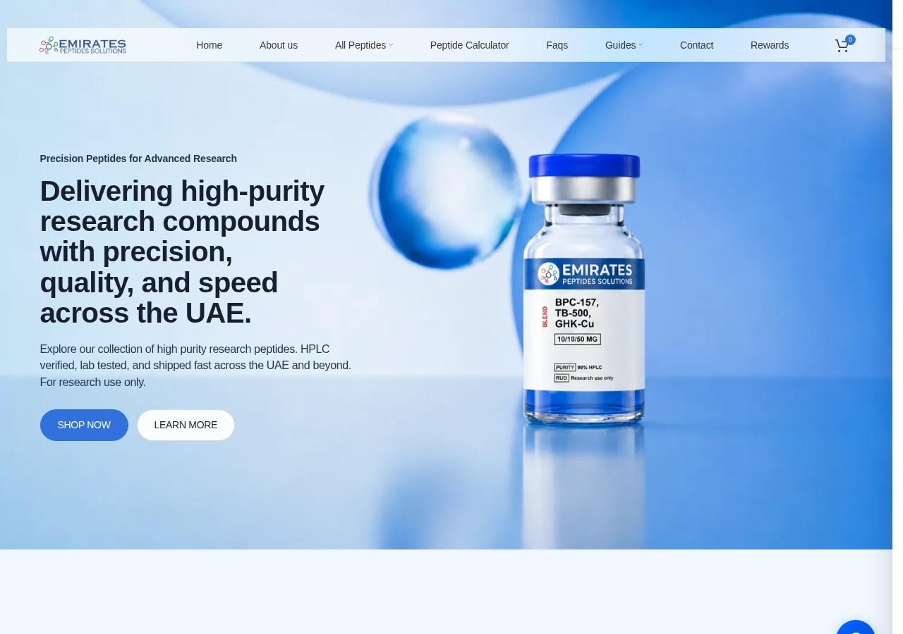 Homepage screenshot of the Emirates Peptides research-peptide website.