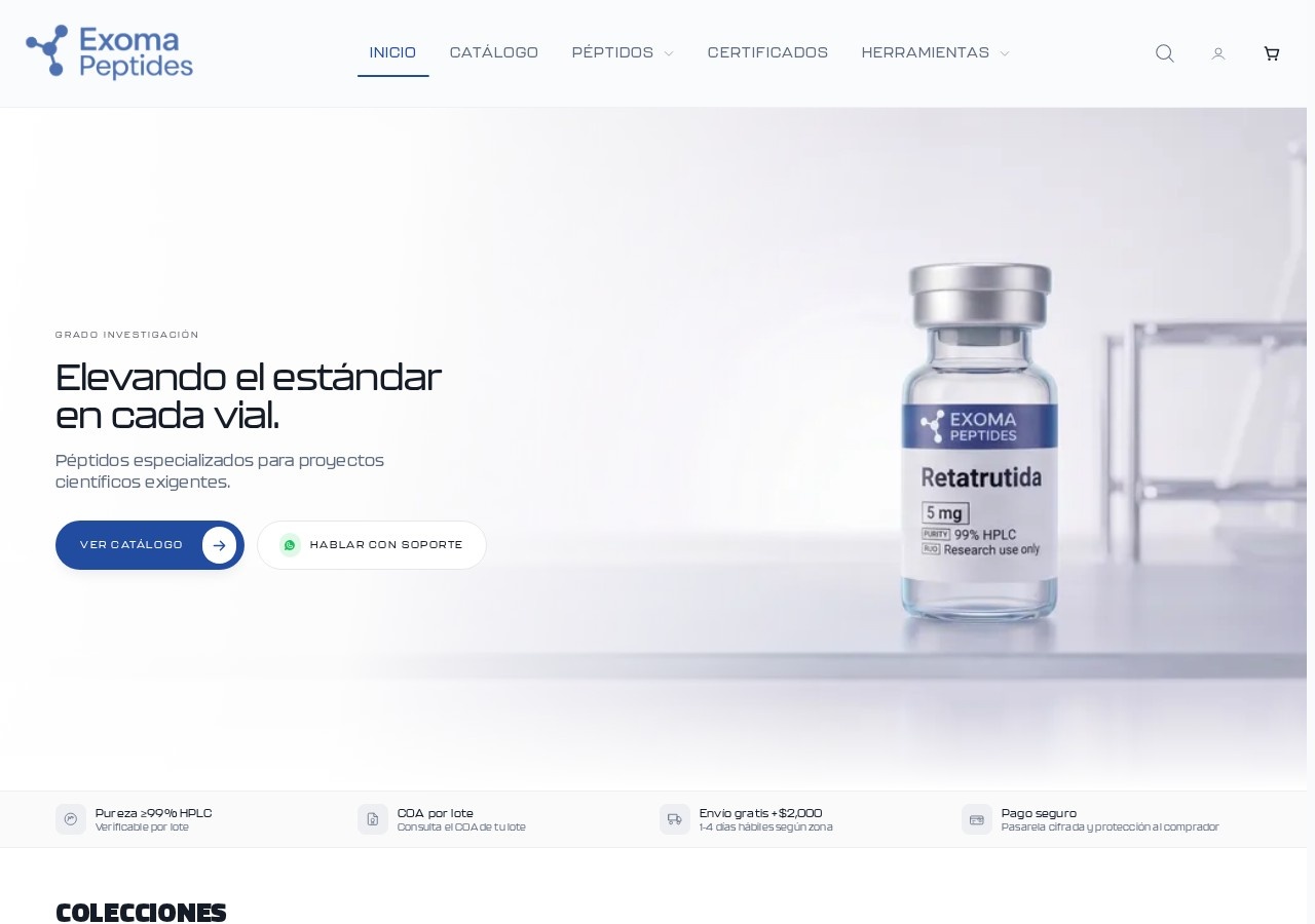 Homepage screenshot of the EXOMA Peptides research-peptide website.